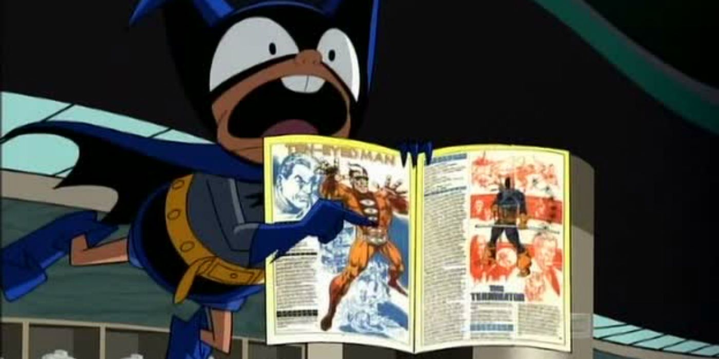 Bat-Mite holds a Golden Age DC comic book