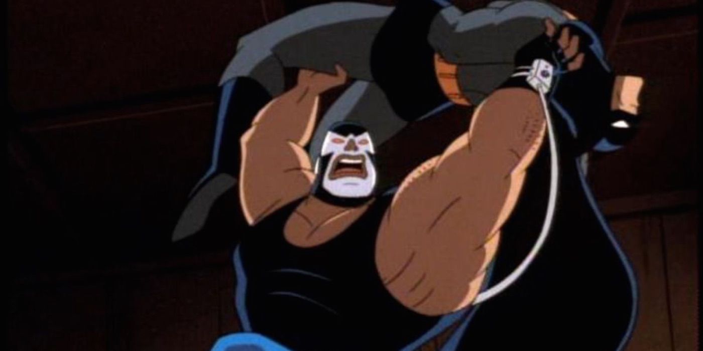 Bane lifting up Batman during a fight in Batman: The Animated Series.