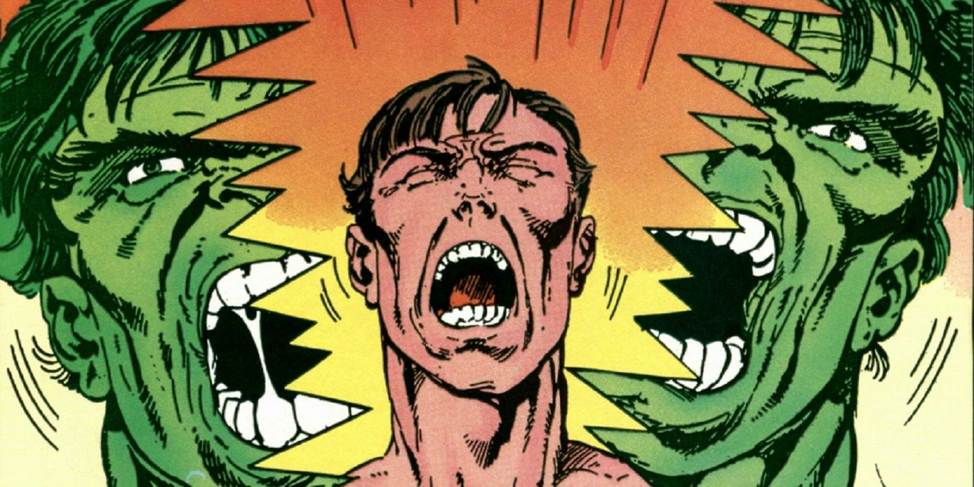 Bruce Banner bursting out of the Incredible Hulk, symbolically, in Marvel Comics
