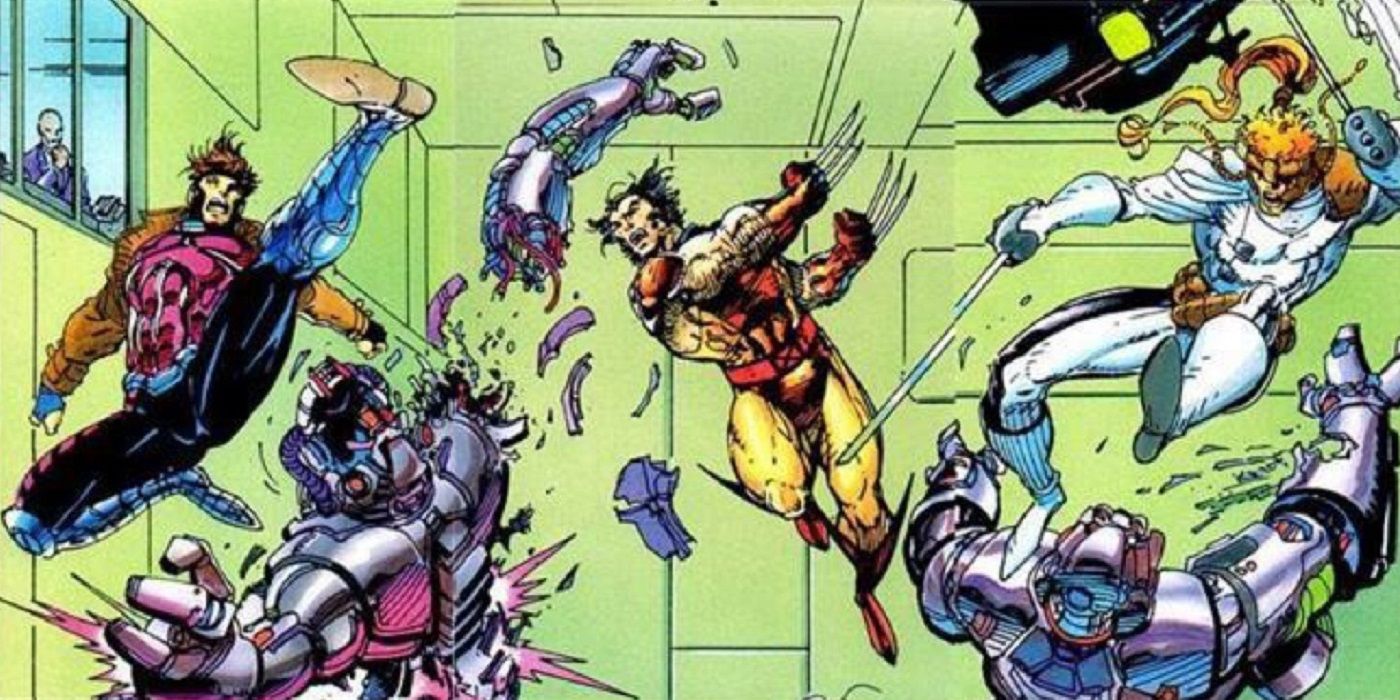 Marvel Comics' Gambit, Wolverine, and Shatterstar fighting robots in the Danger Room while Professor X looks on from Marvel Comics