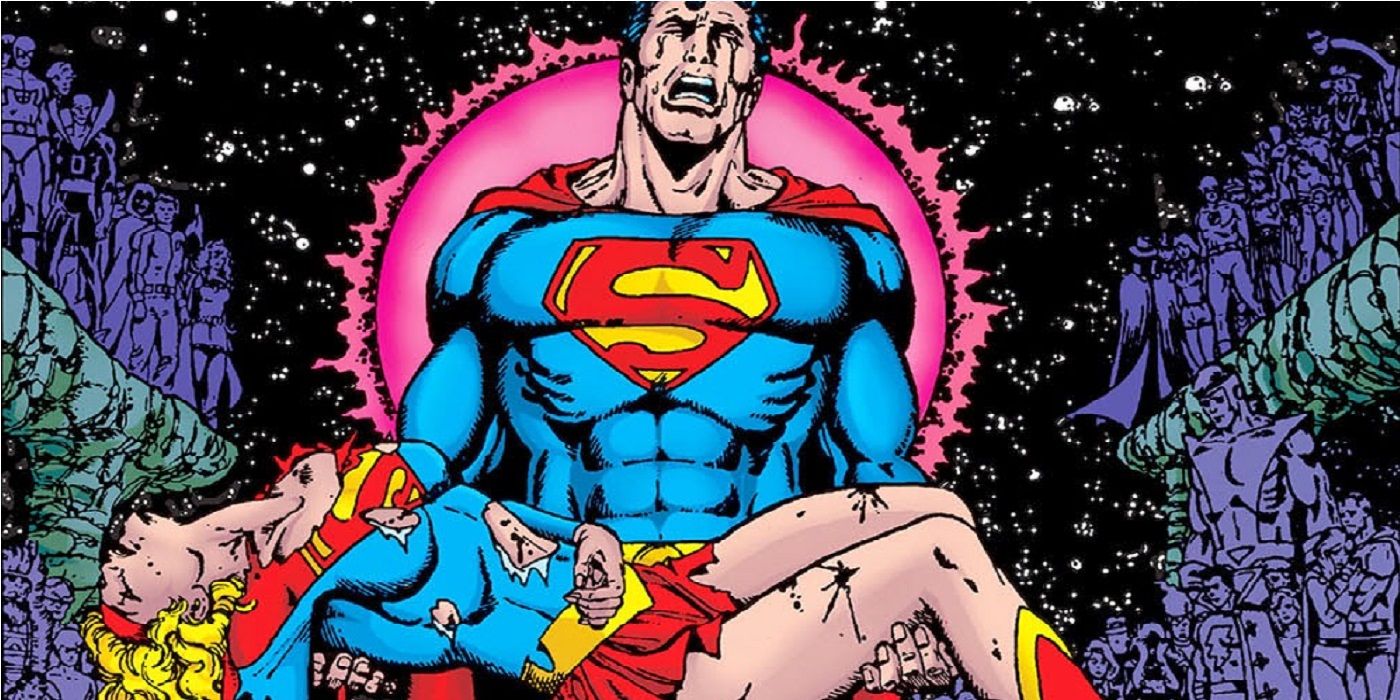Superman holding Supergirl in the Crisis On Infinite Earths