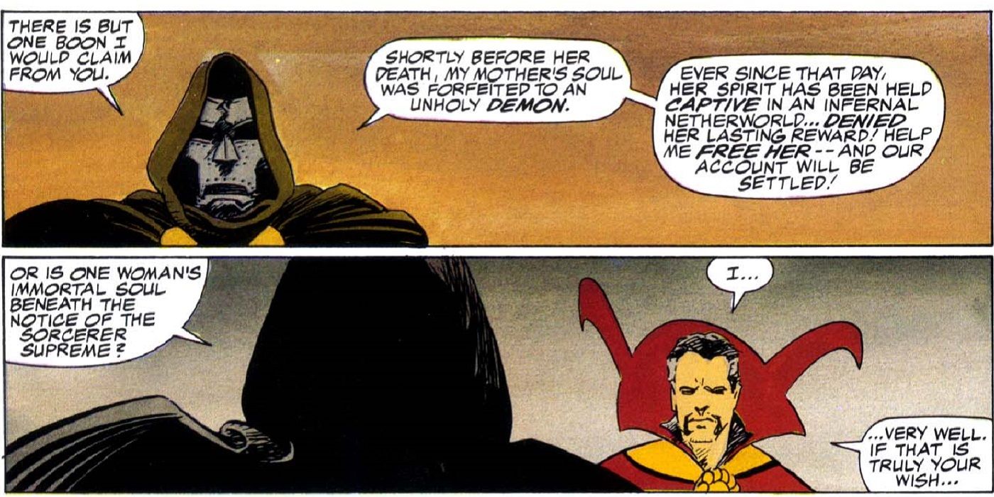 Marvel Comics' Doctor Doom telling Strange about saving his mother's soul.
