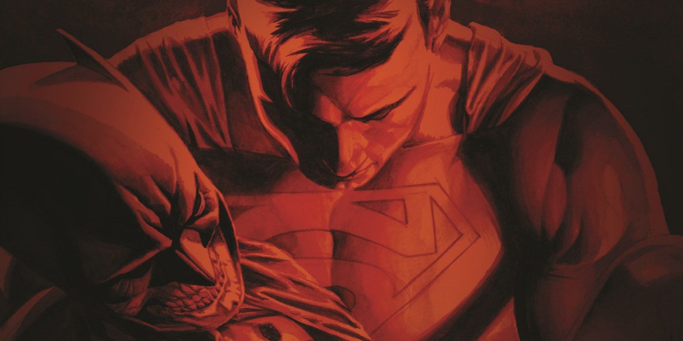 DC's Superman holding Batman's skeletal body, from the cover of Final Crisis.