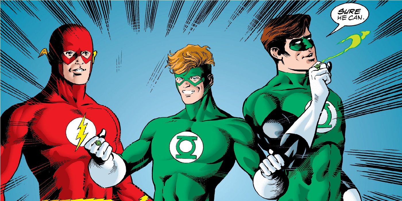 wally west becoming a green lantern standing beside the flash and the other green lantern