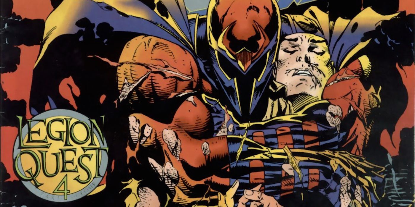 An image of the comic cover for Legion Quest 4, depicting Magneto holding a dying Professor X