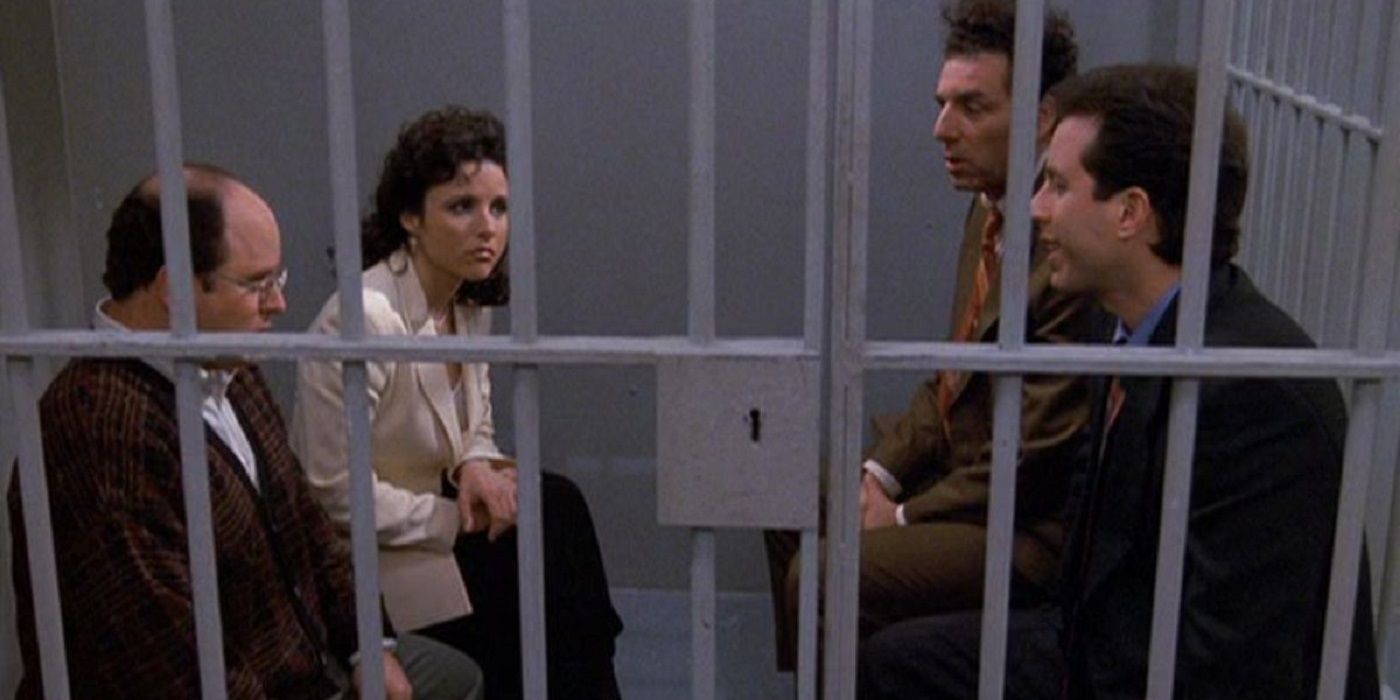 Jerry, George, Kramer, and Elaine in a jail cell in Seinfeld finale