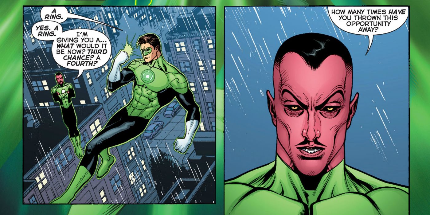 Sinestro gives Hal Jordan his Green Lantern ring in DC Comics