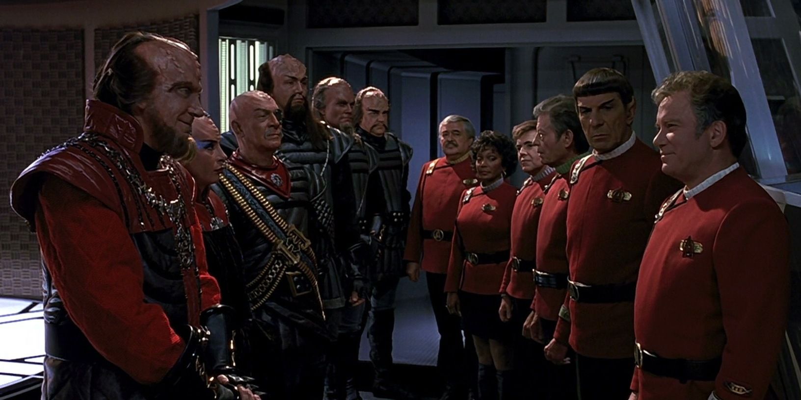 Kirk, Spock and crew stand face-toface with Gorkon and Klingons in Star Trek VI: Undisovered Country
