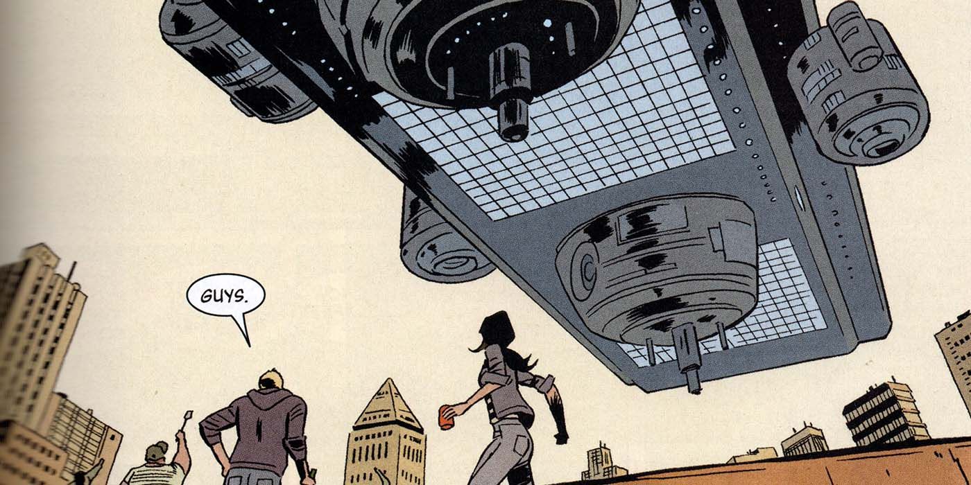 Hawkeye looks up at the Helicarrier