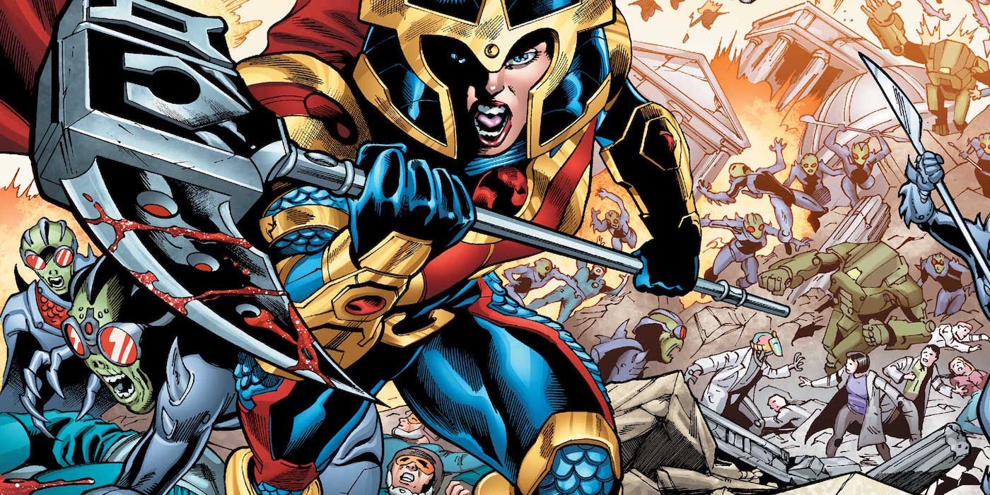 Big Barda wields her weapon to take down multiple opponents on the battlefield