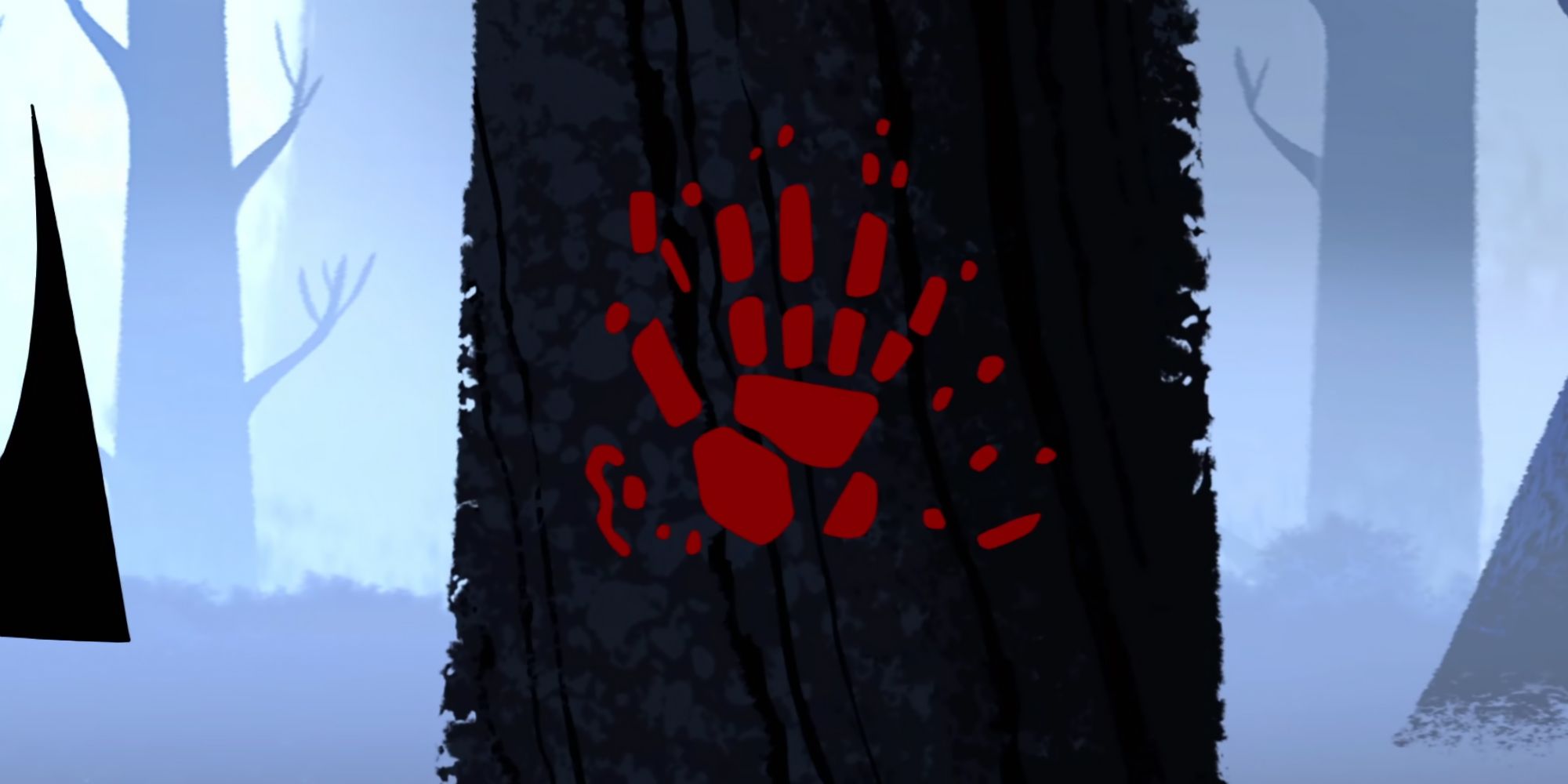 Bloody handprint on tree in Samurai Jack