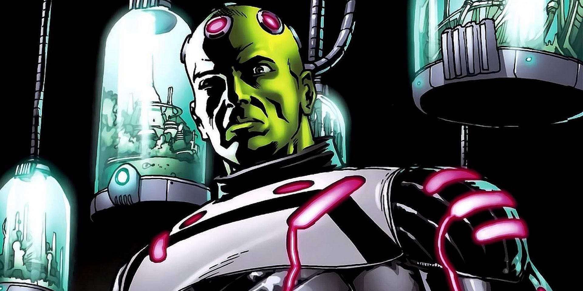 Brainiac with bottled cities behind him in DC Comics