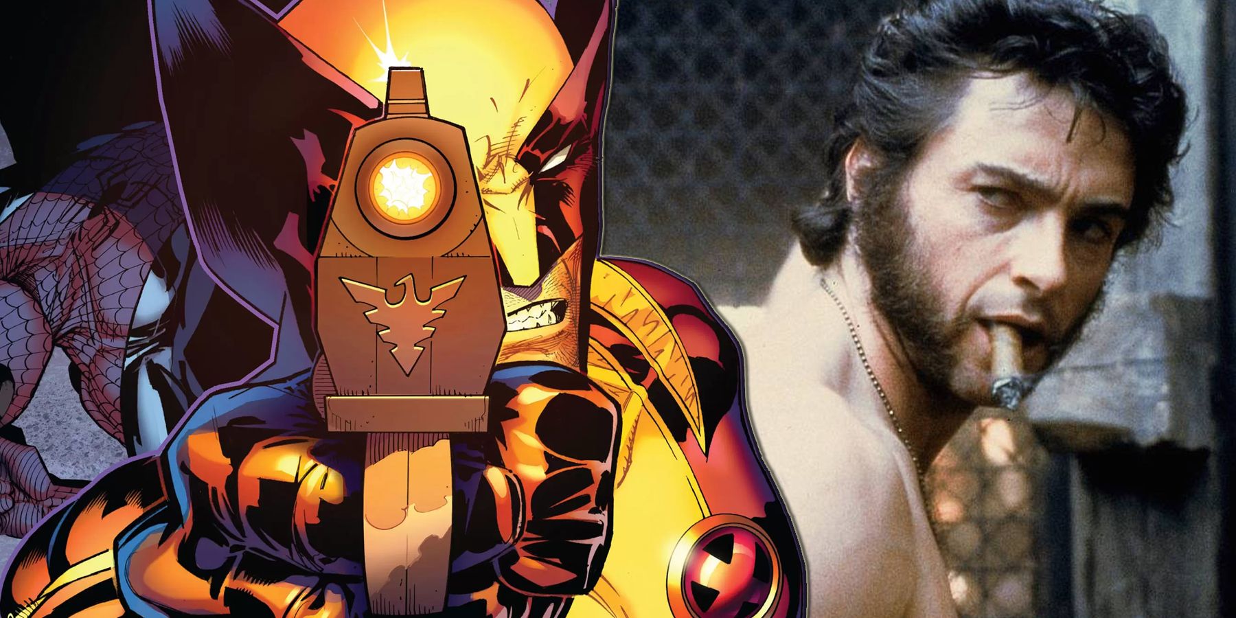 Wolverine holding a gun and Hugh Jackman as Logan