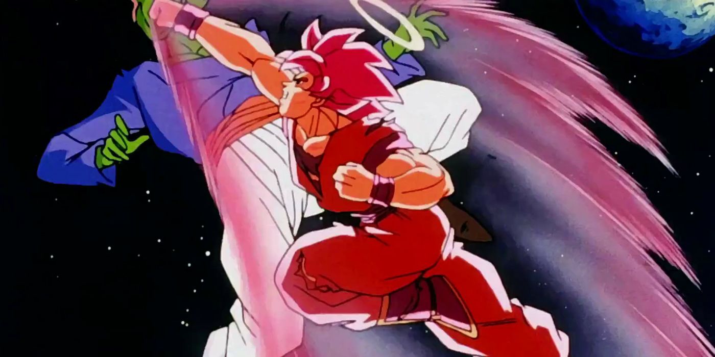 Kaio-Ken Goku punches out Pikkon during the Other World Tournament in Dragon Ball Z filler.