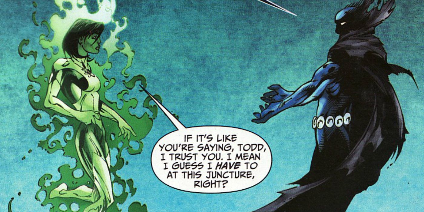 DC Legends' Jade and Obsidian hovering in the sky and talking