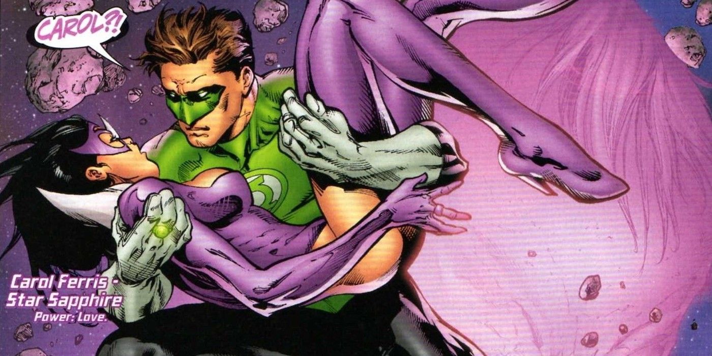 Hal Jordan Green Lantern holding Carol Ferris Star Sapphire in DC Comics