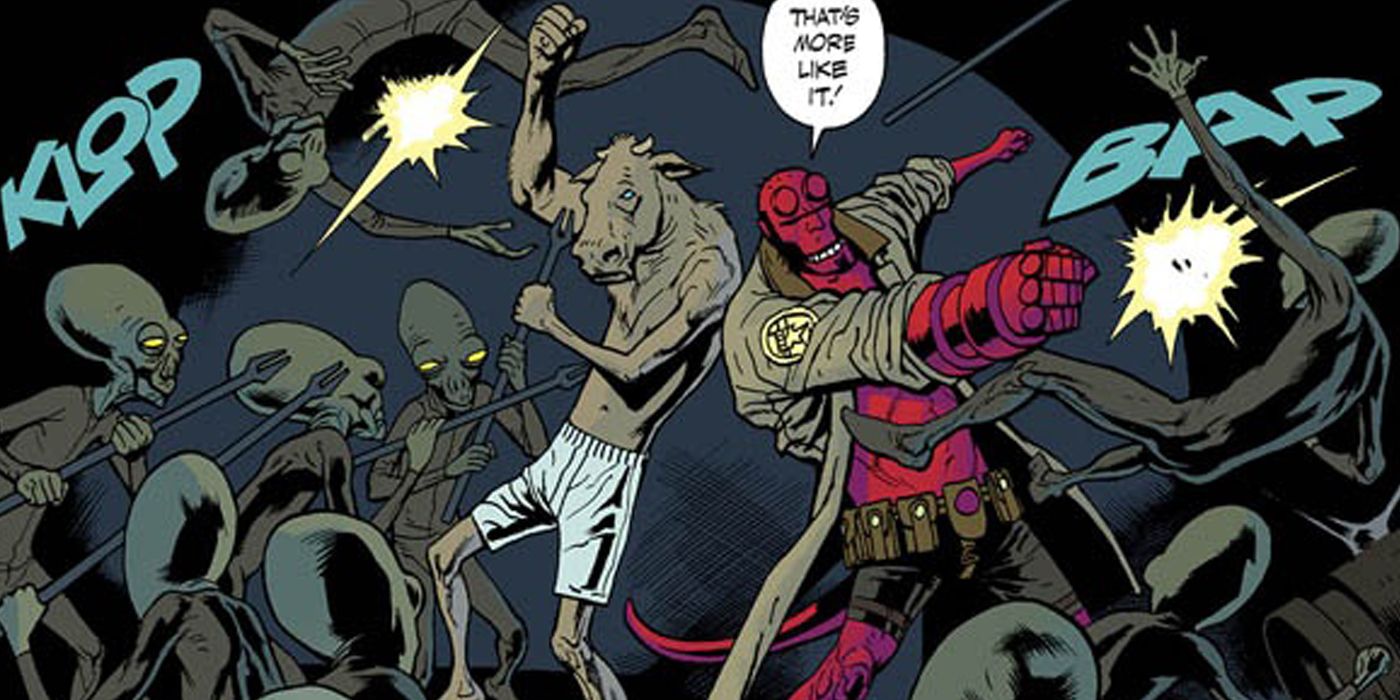 Hellboy teams up with a Cow to fight Aliens