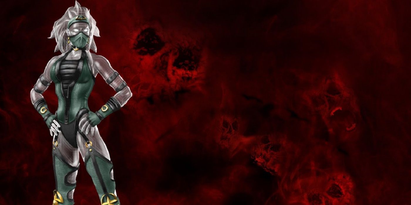 Khameleon posing in front of a red background in Mortal Kombat Armageddon
