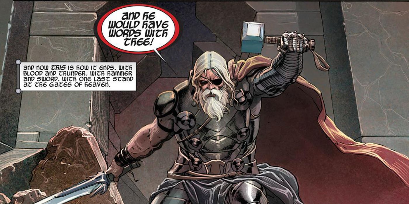 King Thor hold Mjolnir and a sword in Jason Aaron's comics.