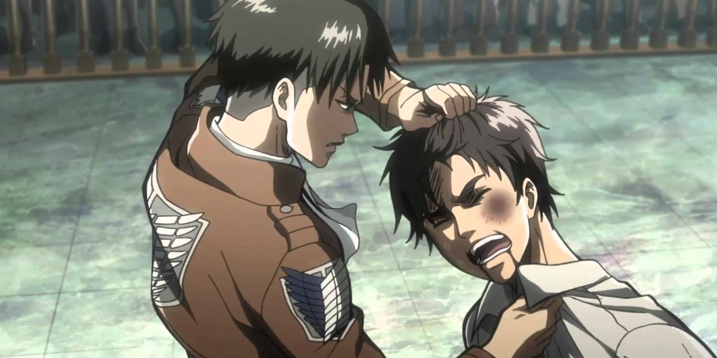Levi beaing up Eren at the trial in Attack On Titan