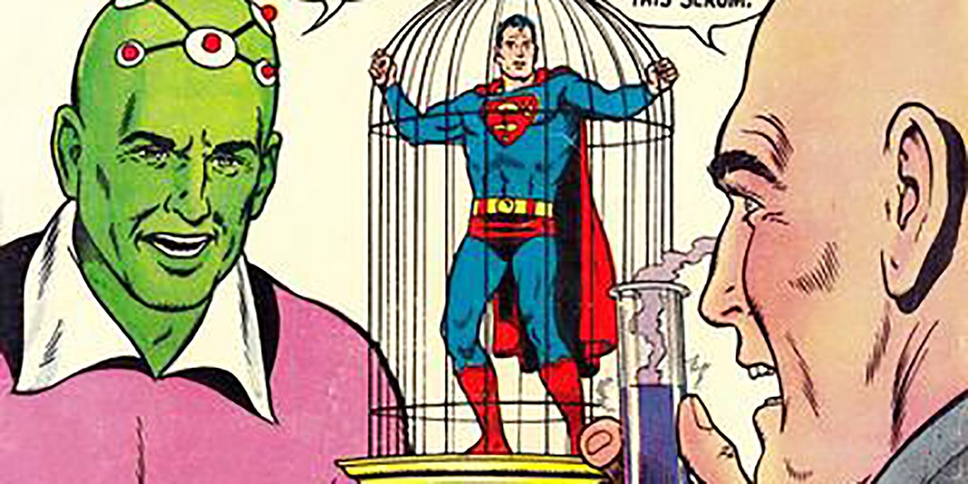 Luthor and Brainiac with a tiny caged Superman