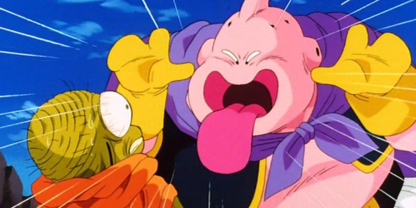 Majin Buu mostrando a língua para Babidi em Dragon Ball Z