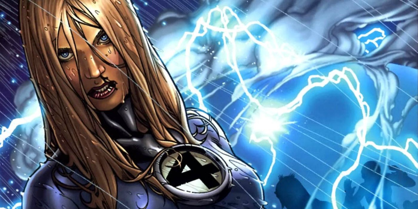 Invisible Woman creates force fields in a thunder storm in Marvel Comics