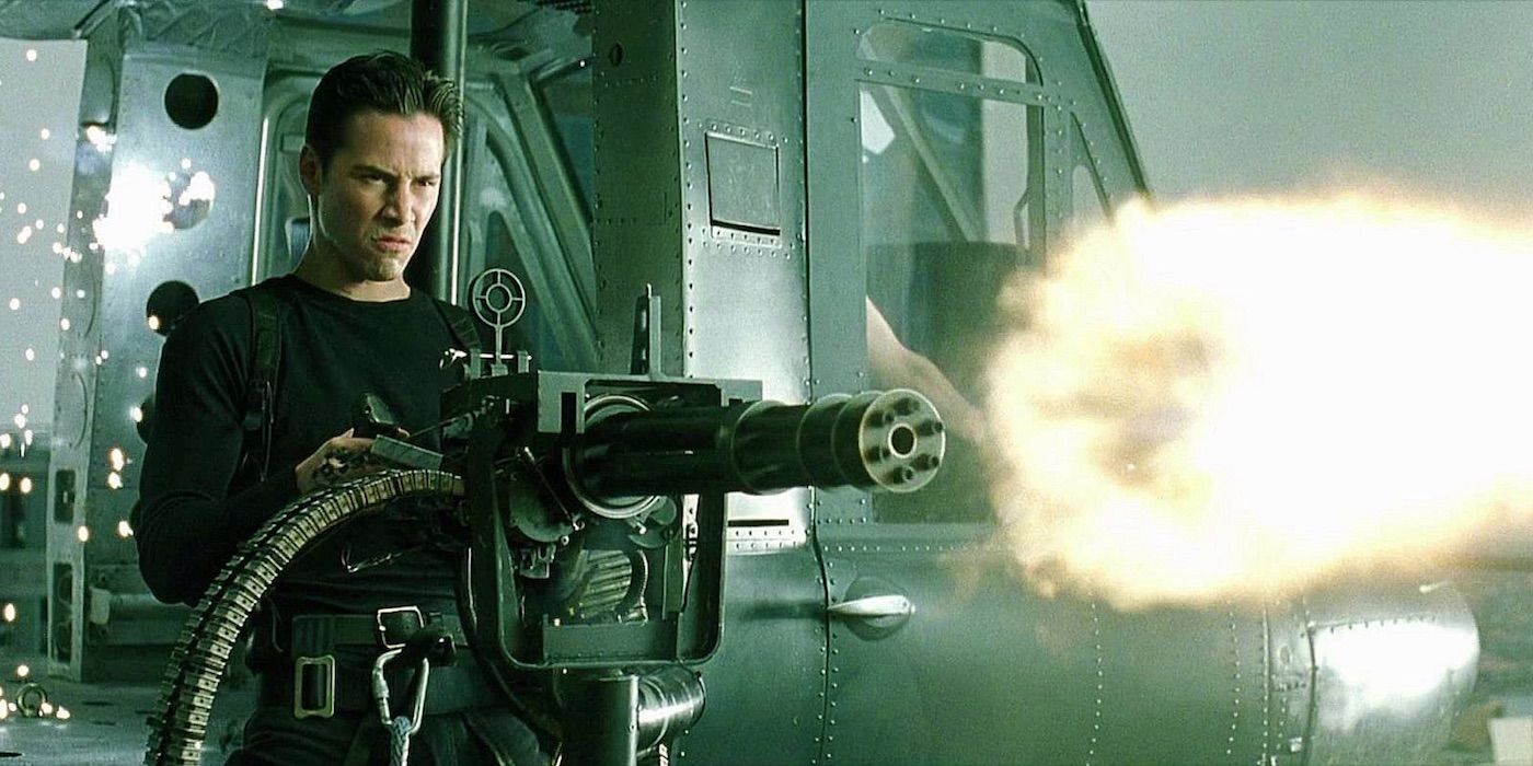 Neo shooting a mini-gun in the Matrix