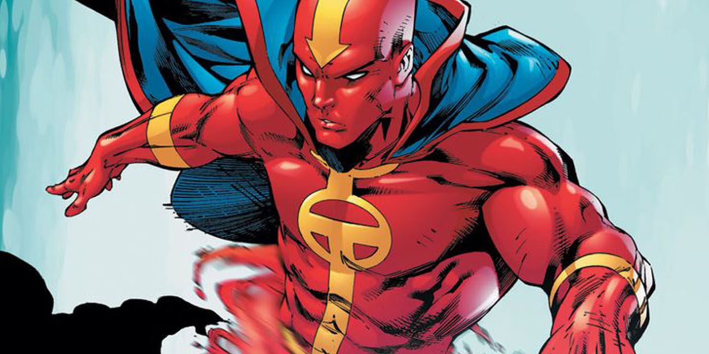 Red Tornado from DC Comics hovers in the sky.