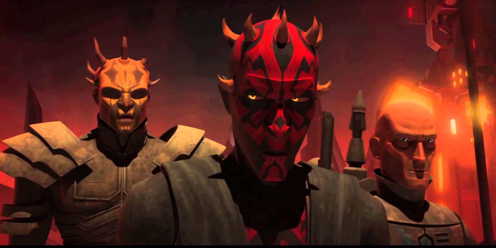 Darth Maul in front of Savage Opress and Pre Vizla in The Clone Wars.