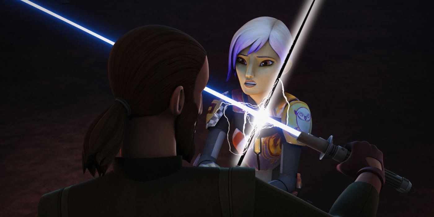 Sabine battles Kanan with Darksaber in Star Wars Rebels