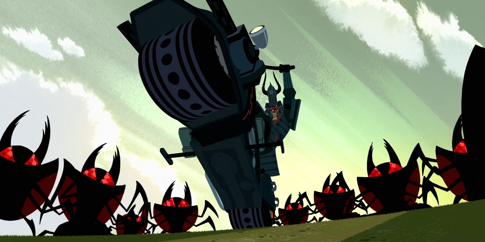 Samurai Jack motorcycle beetle-bot battle