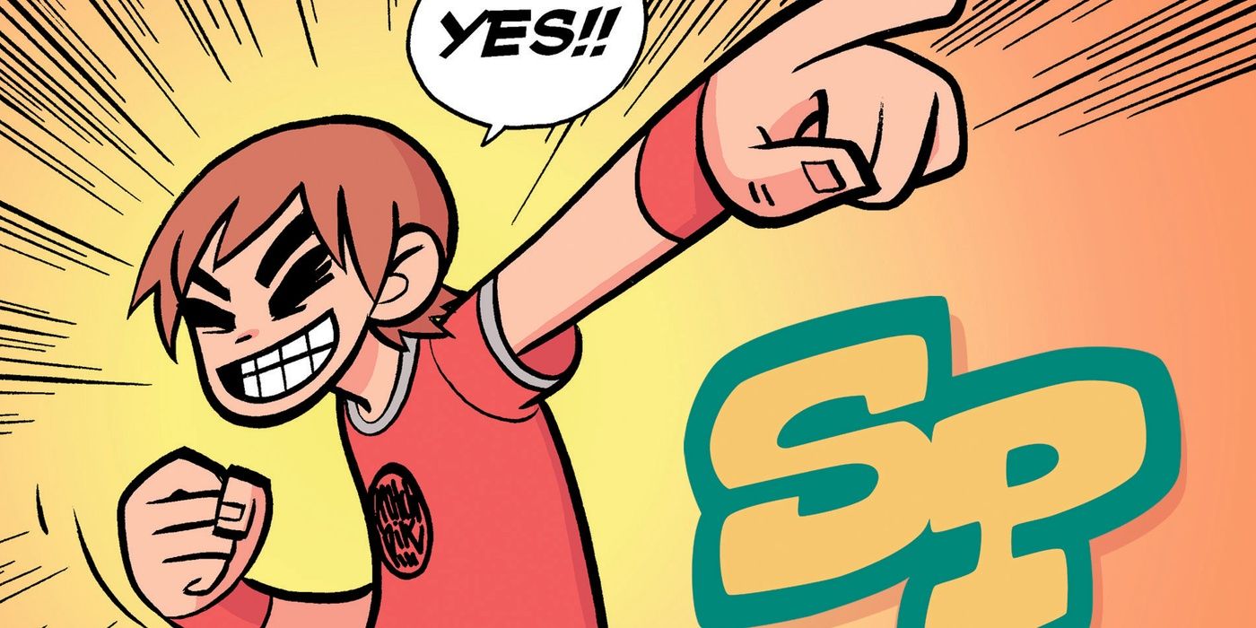 Cover to Scott Pilgrim's Little Life with Scott pointing to the right