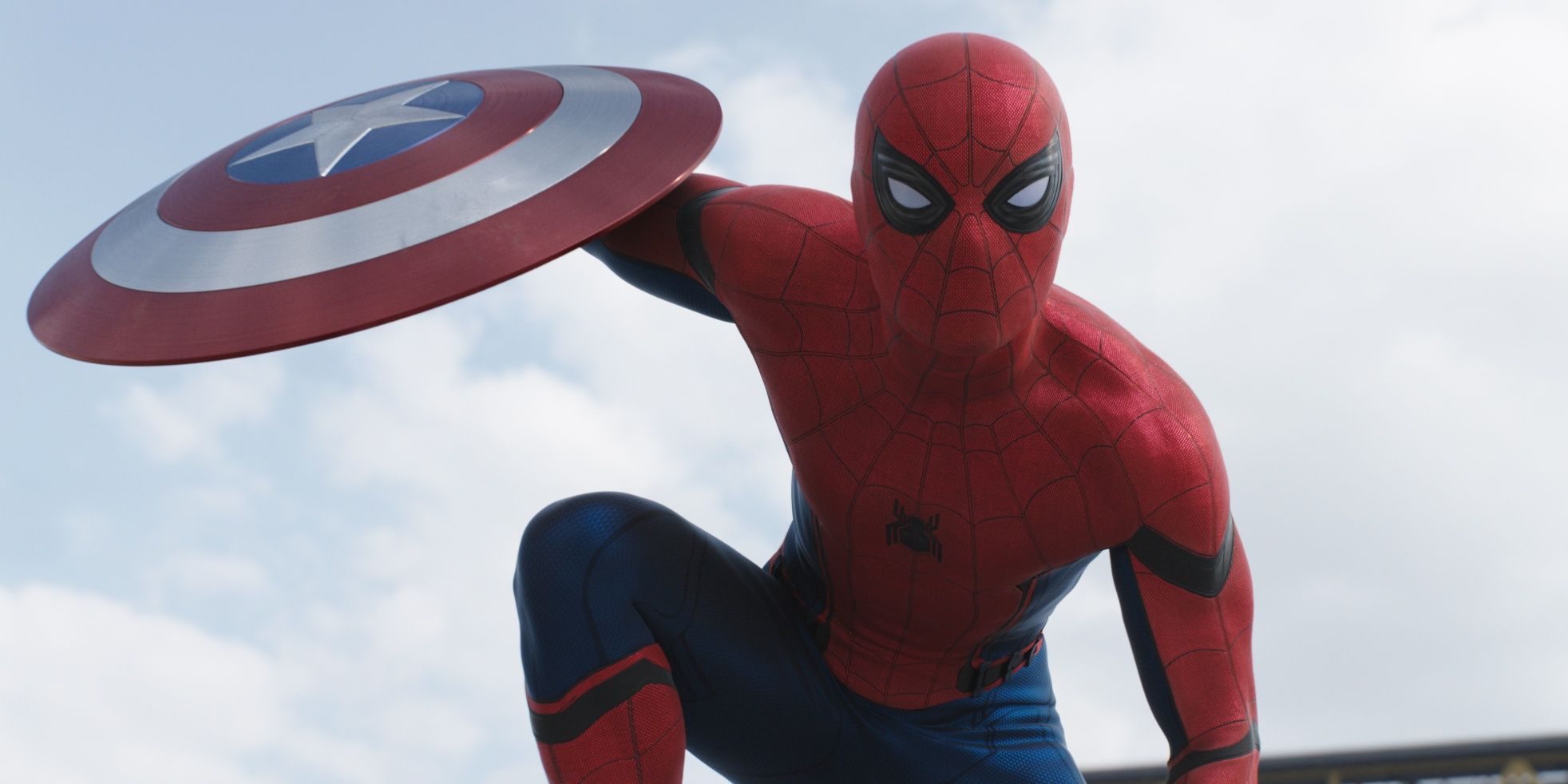 Spider-Man holding Captain America's shield in Civil War