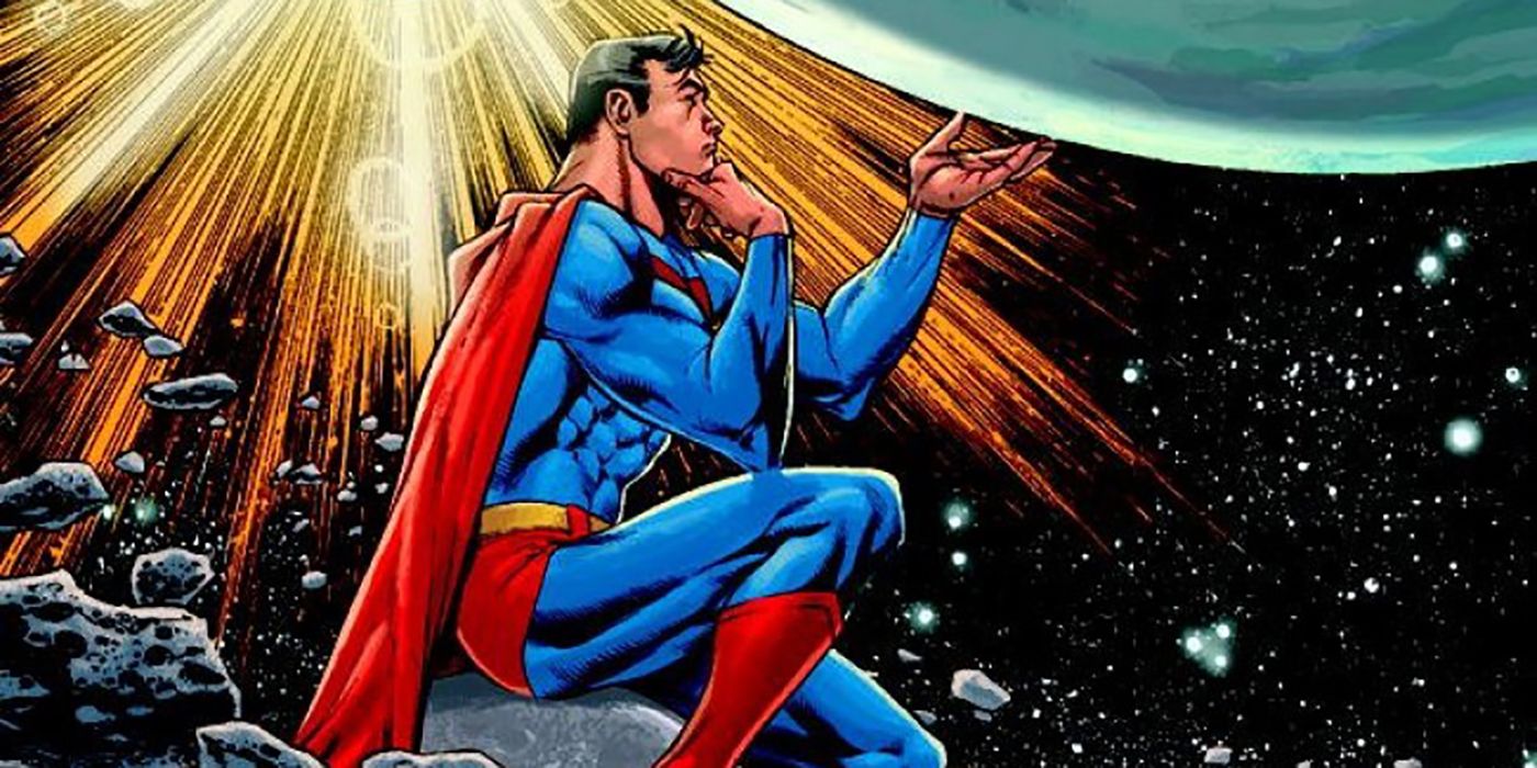 An image of Superman holding a planet in Superman: Camelot Falls
