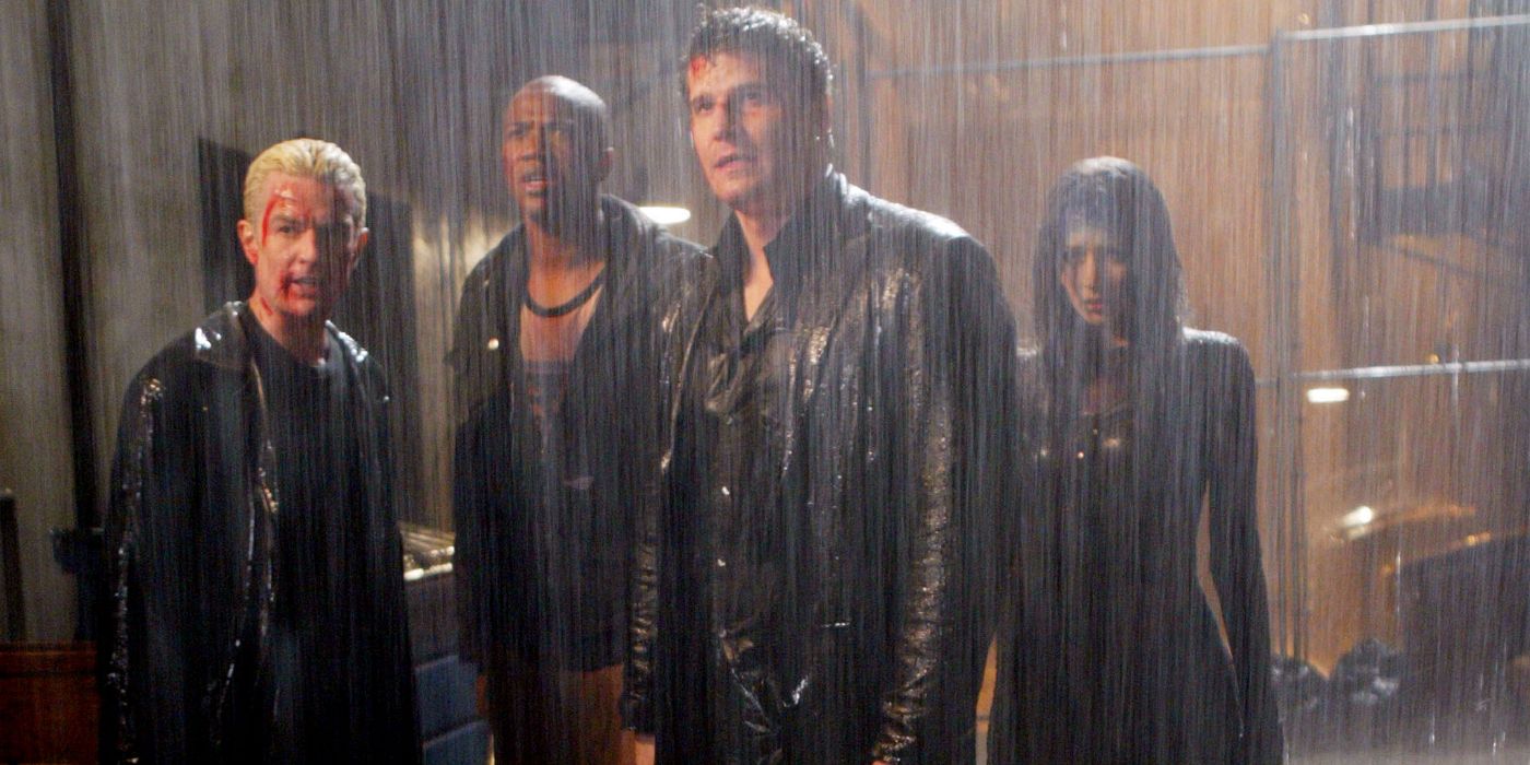 The cast of Angel standing in the rain