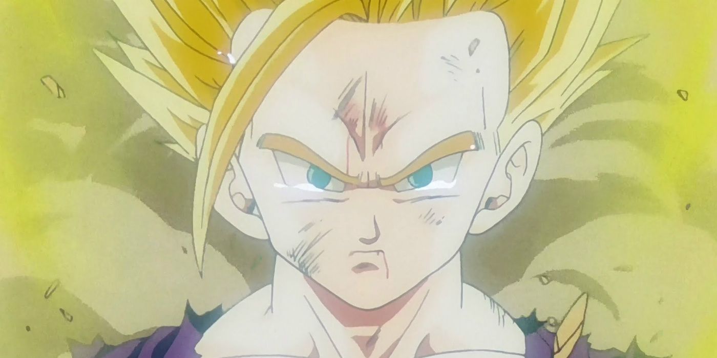 Gohan sheds a tear in his new Super Saiyan 2 state in Dragon Ball Z