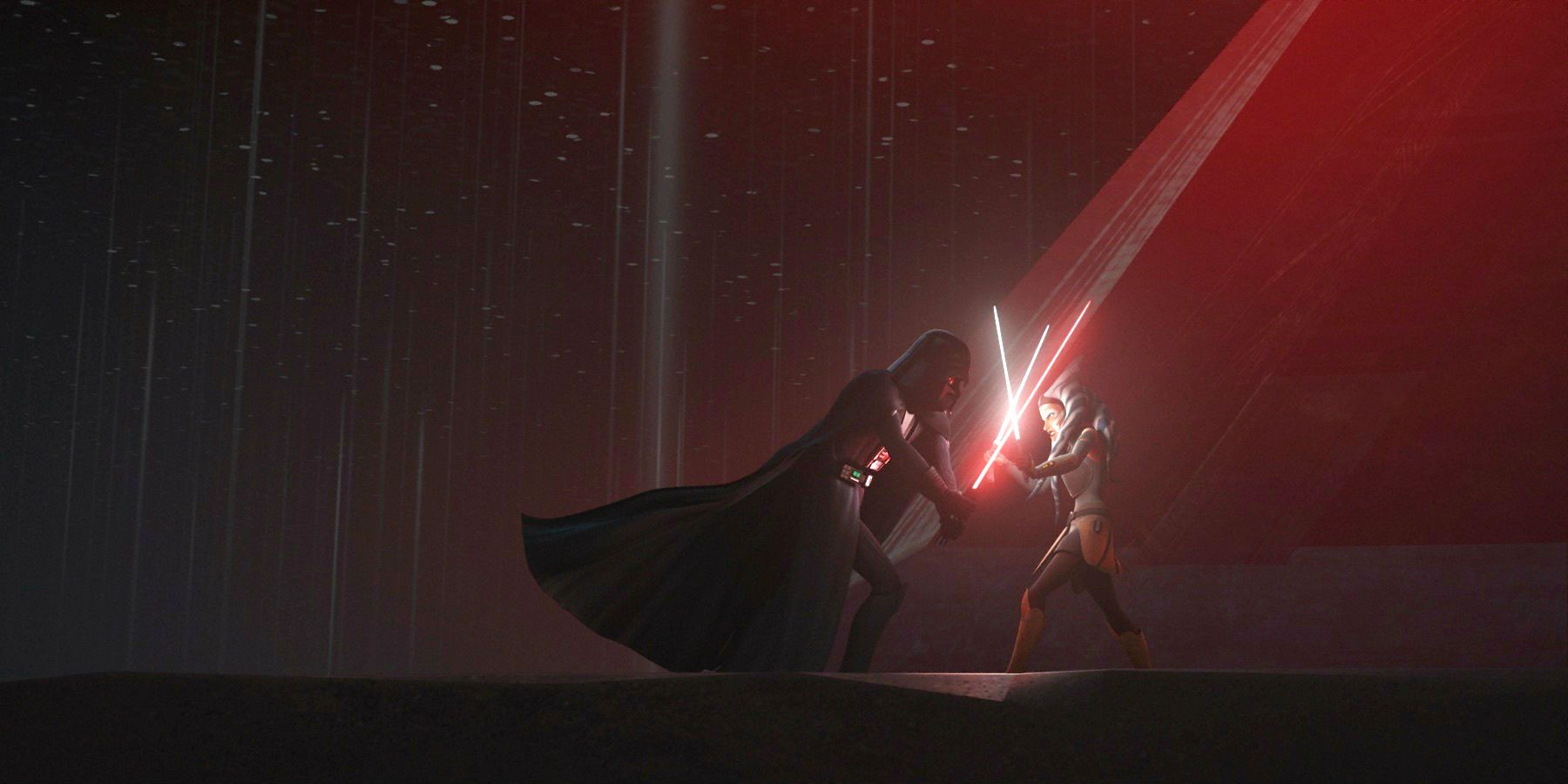 Darth Vader and Ahsoka Tano duel against a black and red background in Star Wars Rebels