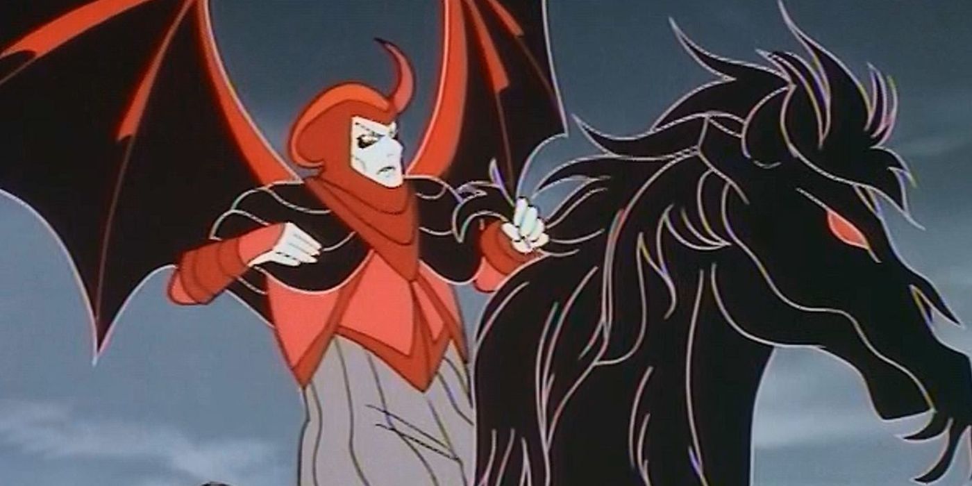 Dungeons & Dragons' Venger with his wings out as he rides aback a black night mare.