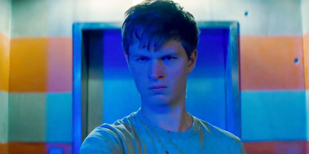 Ansel Elgort as Baby in Baby Driver looking angry