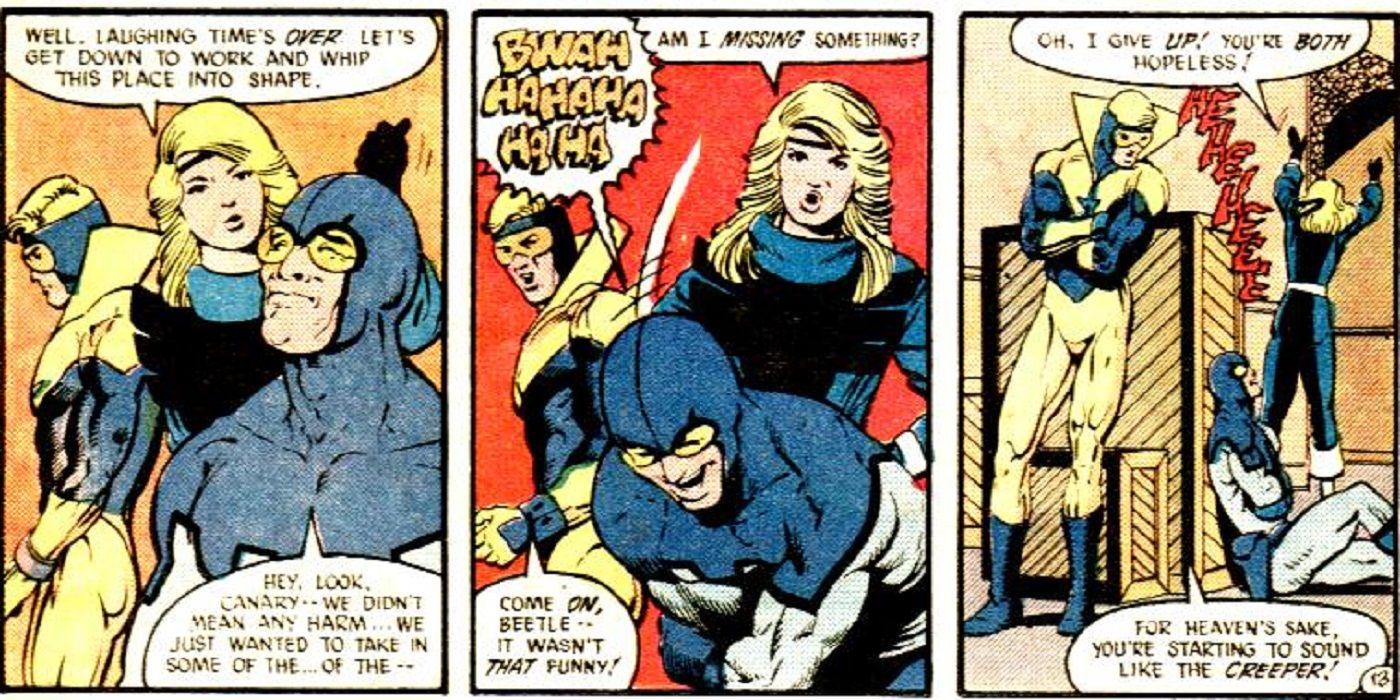 Booster Gold, Blue Beetle, and Black Canary from DC Comics' classic JLI years