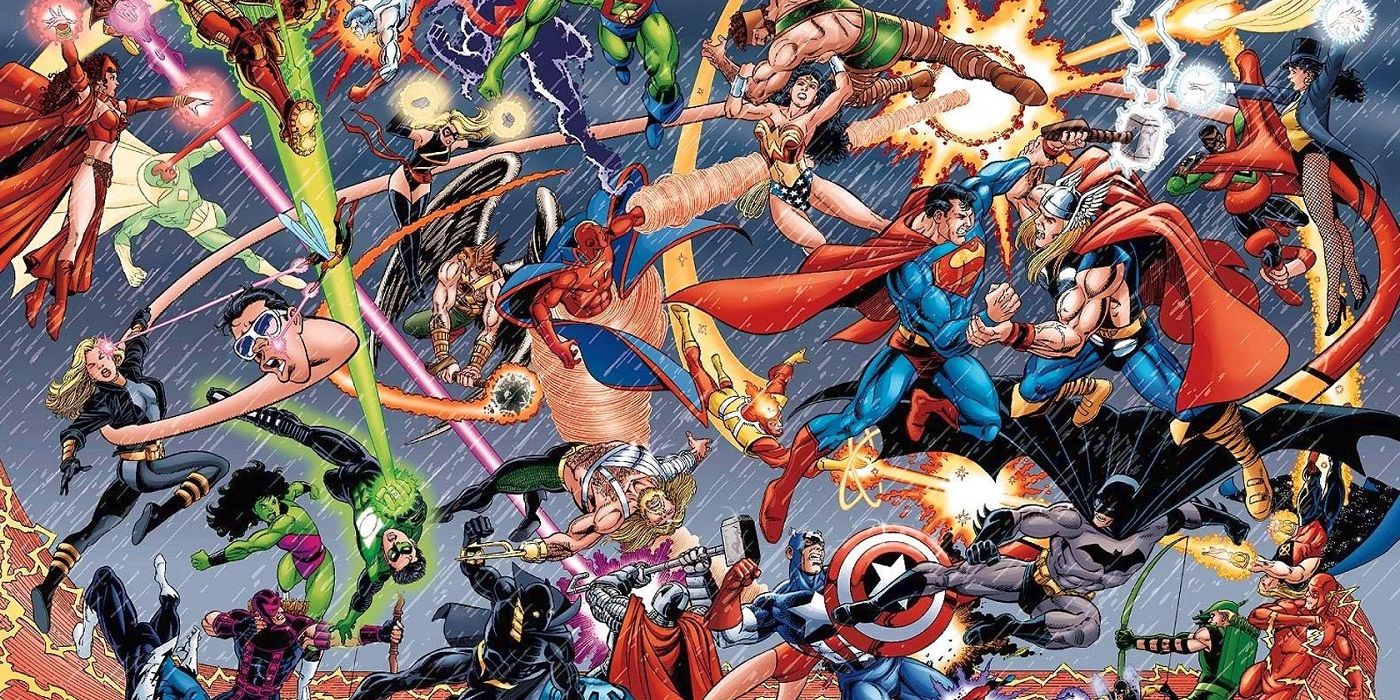 ARticle: DC creative teams and ideal marvel assignments. Image: A mix of DC and Marvel heroes in a colourful and stylised header picture