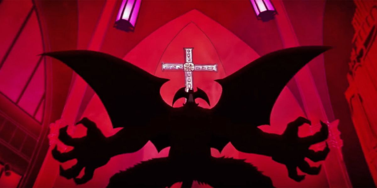 An image depicts Devilman Crybaby's silhouette against a red colored chapel