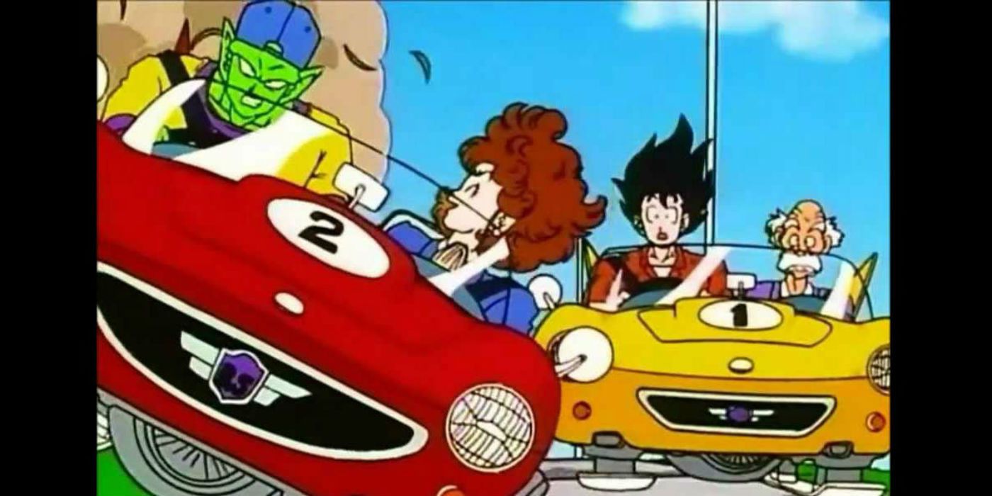 Goku and Piccolo driving cars in Dragon Ball.