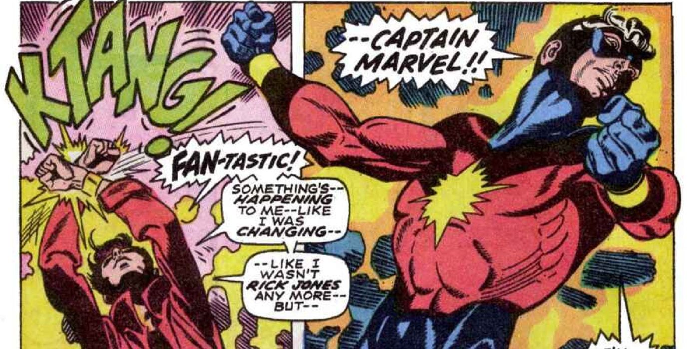 Rick Jones turning into Captain Marvel after clainging the Nega-Bands with a K-TANG in Marvel Comics