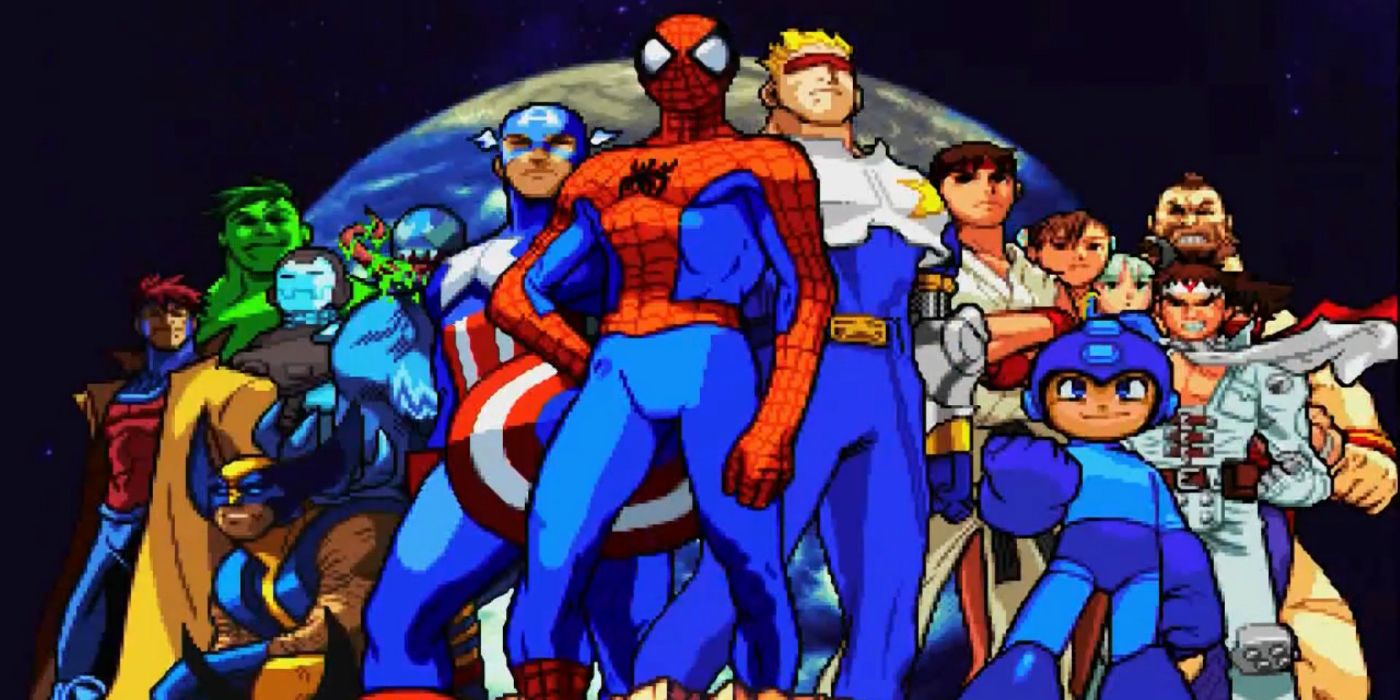 The cast of Capcom stand with the Marvel heroes