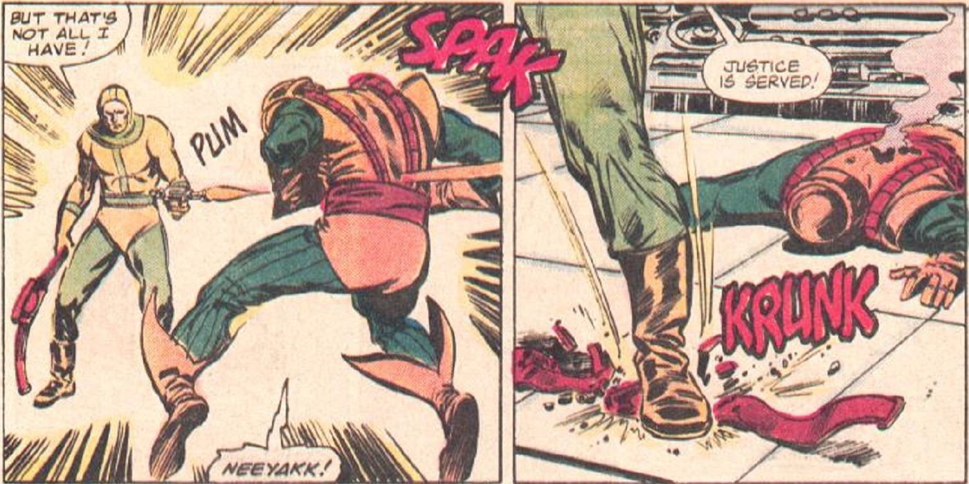 Scourge killing a villain with a pum-spak from Marvel Comics