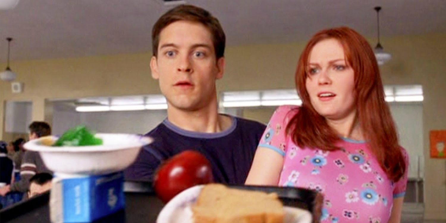 Peter Parker catches Mary Jane's lunch in the school canteen.