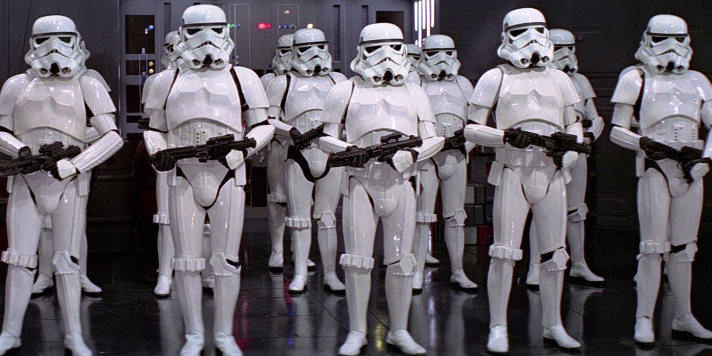 Star Wars' Stormtroopers standing in formation with their guns at the ready