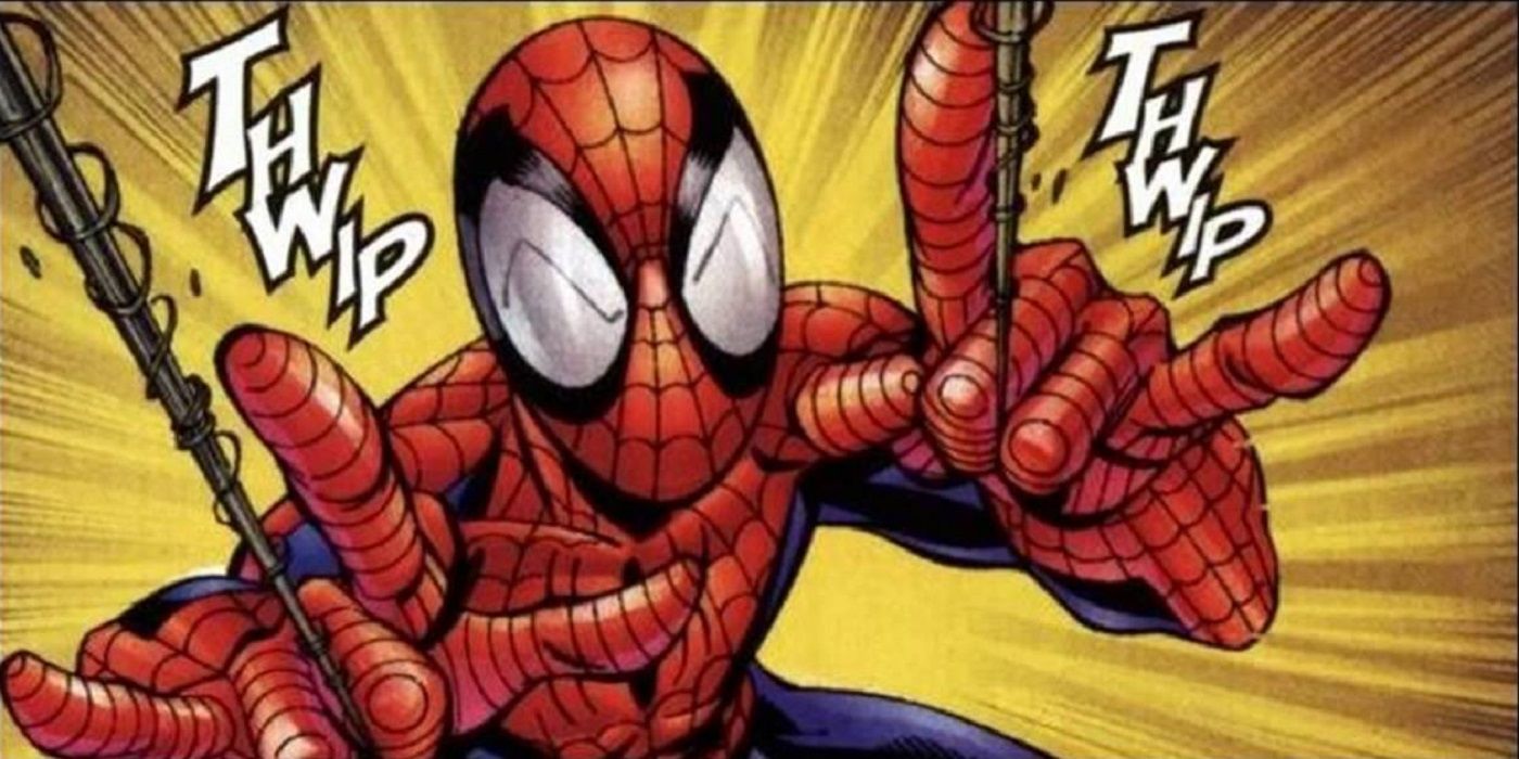 Spider-Man shooting webs, which make a "thwip" sound in Marvel Comics